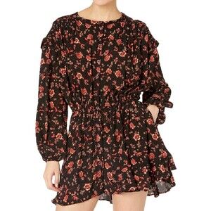 Free People Flower Fields Long Sleeve Black Orange Boho Flowy Mini Dress Size M